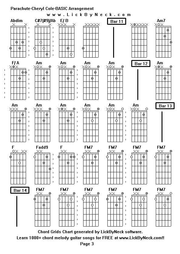 Chord Grids Chart of chord melody fingerstyle guitar song-Parachute-Cheryl Cole-BASIC Arrangement,generated by LickByNeck software.